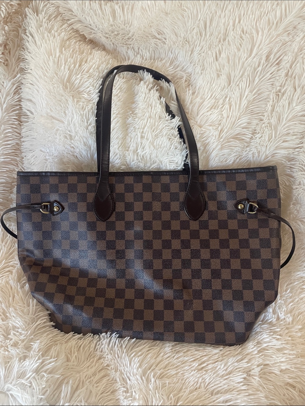 Checkered Brown Tote Bag with Dark Brown Handles